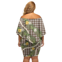 Aloha Puakenikeni Anthurium Pikake Lei Family Matching Off Shoulder Short Dress and Hawaiian Shirt Chocolate Hawaiian Palaka Pattern LT9 - Polynesian Pride
