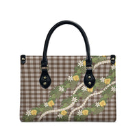 Aloha Puakenikeni Anthurium Pikake Lei Leather Bag Chocolate Hawaiian Palaka Pattern