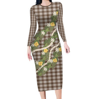 Aloha Puakenikeni Anthurium Pikake Lei Long Sleeve Bodycon Dress Chocolate Hawaiian Palaka Pattern