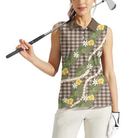 Aloha Puakenikeni Anthurium Pikake Lei Women Sleeveless Polo Shirt Chocolate Hawaiian Palaka Pattern LT9 - Polynesian Pride