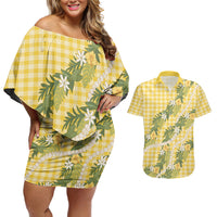 Aloha Puakenikeni Anthurium Pikake Lei Couples Matching Off Shoulder Short Dress and Hawaiian Shirt Gold Hawaiian Palaka Pattern LT9 Gold - Polynesian Pride