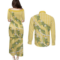 Aloha Puakenikeni Anthurium Pikake Lei Couples Matching Puletasi and Long Sleeve Button Shirt Gold Hawaiian Palaka Pattern