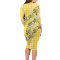 Aloha Puakenikeni Anthurium Pikake Lei Family Matching Long Sleeve Bodycon Dress and Hawaiian Shirt Gold Hawaiian Palaka Pattern LT9 - Polynesian Pride