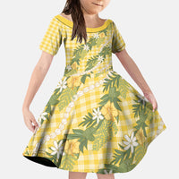 Aloha Puakenikeni Anthurium Pikake Lei Family Matching Off The Shoulder Long Sleeve Dress and Hawaiian Shirt Gold Hawaiian Palaka Pattern LT9 Daughter's Dress Gold - Polynesian Pride