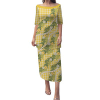 Aloha Puakenikeni Anthurium Pikake Lei Family Matching Puletasi and Hawaiian Shirt Gold Hawaiian Palaka Pattern LT9 Mom's Dress Gold - Polynesian Pride