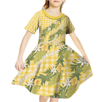 Aloha Puakenikeni Anthurium Pikake Lei Kid Short Sleeve Dress Gold Hawaiian Palaka Pattern