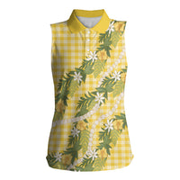 Aloha Puakenikeni Anthurium Pikake Lei Women Sleeveless Polo Shirt Gold Hawaiian Palaka Pattern LT9 Female Gold - Polynesian Pride
