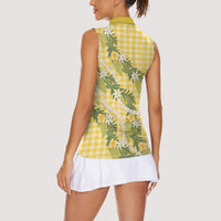 Aloha Puakenikeni Anthurium Pikake Lei Women Sleeveless Polo Shirt Gold Hawaiian Palaka Pattern LT9 - Polynesian Pride