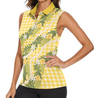 Aloha Puakenikeni Anthurium Pikake Lei Women Sleeveless Polo Shirt Gold Hawaiian Palaka Pattern LT9 - Polynesian Pride
