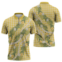 Aloha Puakenikeni Anthurium Pikake Lei Zipper Polo Shirt Gold Hawaiian Palaka Pattern
