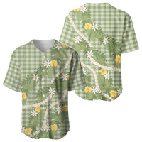 Aloha Puakenikeni Anthurium Pikake Lei Baseball Jersey Green Hawaiian Palaka Pattern