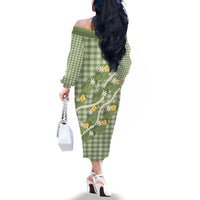 Aloha Puakenikeni Anthurium Pikake Lei Family Matching Off The Shoulder Long Sleeve Dress and Hawaiian Shirt Green Hawaiian Palaka Pattern LT9 - Polynesian Pride