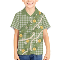 Aloha Puakenikeni Anthurium Pikake Lei Family Matching Off The Shoulder Long Sleeve Dress and Hawaiian Shirt Green Hawaiian Palaka Pattern LT9 Son's Shirt Green - Polynesian Pride