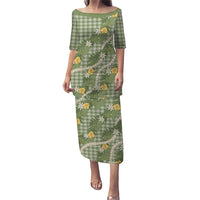 Aloha Puakenikeni Anthurium Pikake Lei Family Matching Puletasi and Hawaiian Shirt Green Hawaiian Palaka Pattern LT9 Mom's Dress Green - Polynesian Pride