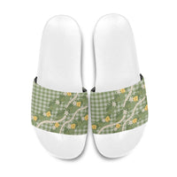 Aloha Puakenikeni Anthurium Pikake Lei Slide Sandals Green Hawaiian Palaka Pattern