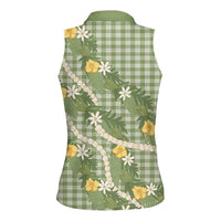 Aloha Puakenikeni Anthurium Pikake Lei Women Sleeveless Polo Shirt Green Hawaiian Palaka Pattern LT9 - Polynesian Pride