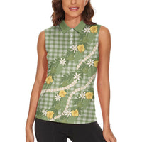 Aloha Puakenikeni Anthurium Pikake Lei Women Sleeveless Polo Shirt Green Hawaiian Palaka Pattern LT9 - Polynesian Pride
