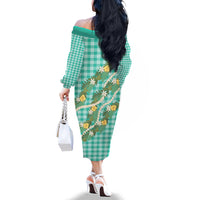 Aloha Puakenikeni Anthurium Pikake Lei Family Matching Off The Shoulder Long Sleeve Dress and Hawaiian Shirt Marine Hawaiian Palaka Pattern LT9 - Polynesian Pride