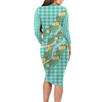 Aloha Puakenikeni Anthurium Pikake Lei Long Sleeve Bodycon Dress Marine Hawaiian Palaka Pattern