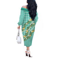 Aloha Puakenikeni Anthurium Pikake Lei Off The Shoulder Long Sleeve Dress Marine Hawaiian Palaka Pattern LT9 - Polynesian Pride
