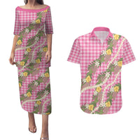 Aloha Puakenikeni Anthurium Pikake Lei Couples Matching Puletasi and Hawaiian Shirt Tropical Pink Hawaiian Palaka Pattern LT9 Pink - Polynesian Pride