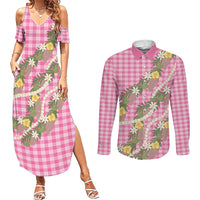 Aloha Puakenikeni Anthurium Pikake Lei Couples Matching Summer Maxi Dress and Long Sleeve Button Shirt Tropical Pink Hawaiian Palaka Pattern LT9 Pink - Polynesian Pride