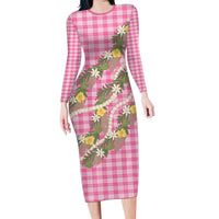 Aloha Puakenikeni Anthurium Pikake Lei Family Matching Long Sleeve Bodycon Dress and Hawaiian Shirt Tropical Pink Hawaiian Palaka Pattern LT9 Mom's Dress Pink - Polynesian Pride