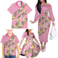 Aloha Puakenikeni Anthurium Pikake Lei Family Matching Off The Shoulder Long Sleeve Dress and Hawaiian Shirt Tropical Pink Hawaiian Palaka Pattern LT9 - Polynesian Pride