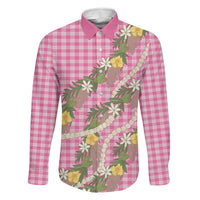 Aloha Puakenikeni Anthurium Pikake Lei Family Matching Off The Shoulder Long Sleeve Dress and Hawaiian Shirt Tropical Pink Hawaiian Palaka Pattern LT9 Dad's Shirt - Long Sleeve Pink - Polynesian Pride