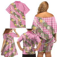 Aloha Puakenikeni Anthurium Pikake Lei Family Matching Off Shoulder Short Dress and Hawaiian Shirt Tropical Pink Hawaiian Palaka Pattern LT9 - Polynesian Pride