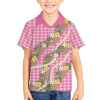 Aloha Puakenikeni Anthurium Pikake Lei Family Matching Off Shoulder Short Dress and Hawaiian Shirt Tropical Pink Hawaiian Palaka Pattern LT9 Son's Shirt Pink - Polynesian Pride