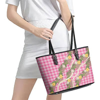 Aloha Puakenikeni Anthurium Pikake Lei Leather Tote Bag Tropical Pink Hawaiian Palaka Pattern