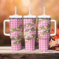 Aloha Puakenikeni Anthurium Pikake Lei Tumbler With Handle Tropical Pink Hawaiian Palaka Pattern