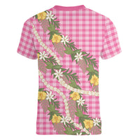 Aloha Puakenikeni Anthurium Pikake Lei Women V-Neck T-Shirt Tropical Pink Hawaiian Palaka Pattern LT9 - Polynesian Pride