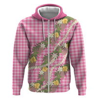 Aloha Puakenikeni Anthurium Pikake Lei Zip Hoodie Tropical Pink Hawaiian Palaka Pattern