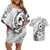 Hawaii Plumeria Lokelani Pikake Lei Couples Matching Off Shoulder Short Dress and Hawaiian Shirt Ele'ele Polynesian Tattoo LT9 Black - Polynesian Pride