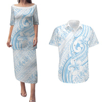 Hawaii Plumeria Lokelani Pikake Lei Couples Matching Puletasi and Hawaiian Shirt Uliuli Polynesian Tattoo LT9 Blue - Polynesian Pride