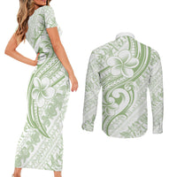 Hawaii Plumeria Lokelani Pikake Lei Couples Matching Short Sleeve Bodycon Dress and Long Sleeve Button Shirt Oma'oma'o Polynesian Tattoo LT9 - Polynesian Pride