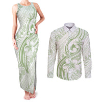 Hawaii Plumeria Lokelani Pikake Lei Couples Matching Tank Maxi Dress and Long Sleeve Button Shirt Oma'oma'o Polynesian Tattoo LT9 Green - Polynesian Pride