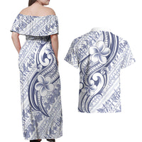 Hawaii Plumeria Lokelani Pikake Lei Couples Matching Off Shoulder Maxi Dress and Hawaiian Shirt Navy Blue Polynesian Tattoo LT9 - Polynesian Pride