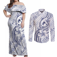 Hawaii Plumeria Lokelani Pikake Lei Couples Matching Off Shoulder Maxi Dress and Long Sleeve Button Shirt Navy Blue Polynesian Tattoo LT9 Navy Blue - Polynesian Pride