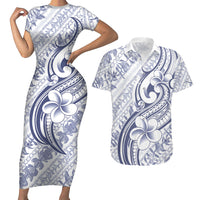 Hawaii Plumeria Lokelani Pikake Lei Couples Matching Short Sleeve Bodycon Dress and Hawaiian Shirt Navy Blue Polynesian Tattoo LT9 Navy Blue - Polynesian Pride