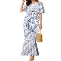Hawaii Plumeria Lokelani Pikake Lei Family Matching Mermaid Dress and Hawaiian Shirt Navy Blue Polynesian Tattoo LT9 Mom's Dress Navy Blue - Polynesian Pride
