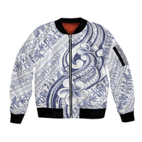 Hawaii Plumeria Lokelani Pikake Lei Sleeve Zip Bomber Jacket Navy Blue Polynesian Tattoo