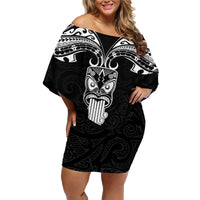 New Zealand Te Reo Maori Family Matching Off Shoulder Short Dress and Hawaiian Shirt Kia Kaha Maori Language Week Black Style LT9 Mom's Dress Black - Polynesian Pride