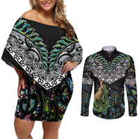 Personalised Maori Manaia Couples Matching Off Shoulder Short Dress and Long Sleeve Button Shirt New Zealand Tribal Hei Matau Papua Shell LT9 Green - Polynesian Pride