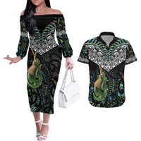 Personalised Maori Manaia Couples Matching Off The Shoulder Long Sleeve Dress and Hawaiian Shirt New Zealand Tribal Hei Matau Papua Shell LT9 Green - Polynesian Pride