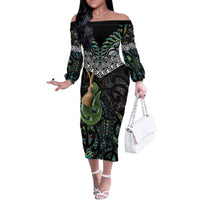 Personalised Maori Manaia Family Matching Off The Shoulder Long Sleeve Dress and Hawaiian Shirt New Zealand Tribal Hei Matau Papua Shell LT9 Mom's Dress Green - Polynesian Pride
