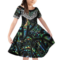 Personalised Maori Manaia Family Matching Off Shoulder Short Dress and Hawaiian Shirt New Zealand Tribal Hei Matau Papua Shell LT9 Daughter's Dress Green - Polynesian Pride