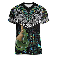 Personalised Maori Manaia Women V-Neck T-Shirt New Zealand Tribal Hei Matau Papua Shell LT9 Female Green - Polynesian Pride